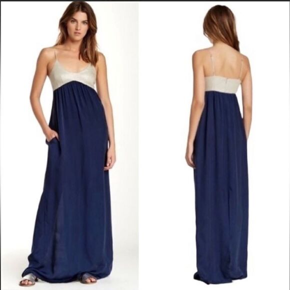 L'Agence Empire Waist Maxi Dress Navy Shiny Beige Scoop Neck Spaghetti Strap M - Picture 1 of 14